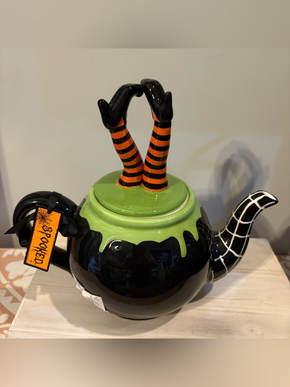 Halloween Witch Leg Teapot - Black, Orange & Green